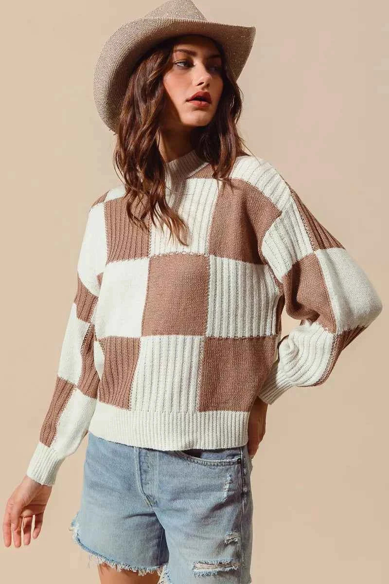 SO ME Ribbed Color Block Checkered Plaid Sweater 86bc588fa92c4ef58f73698c582fba01-Max-Origin