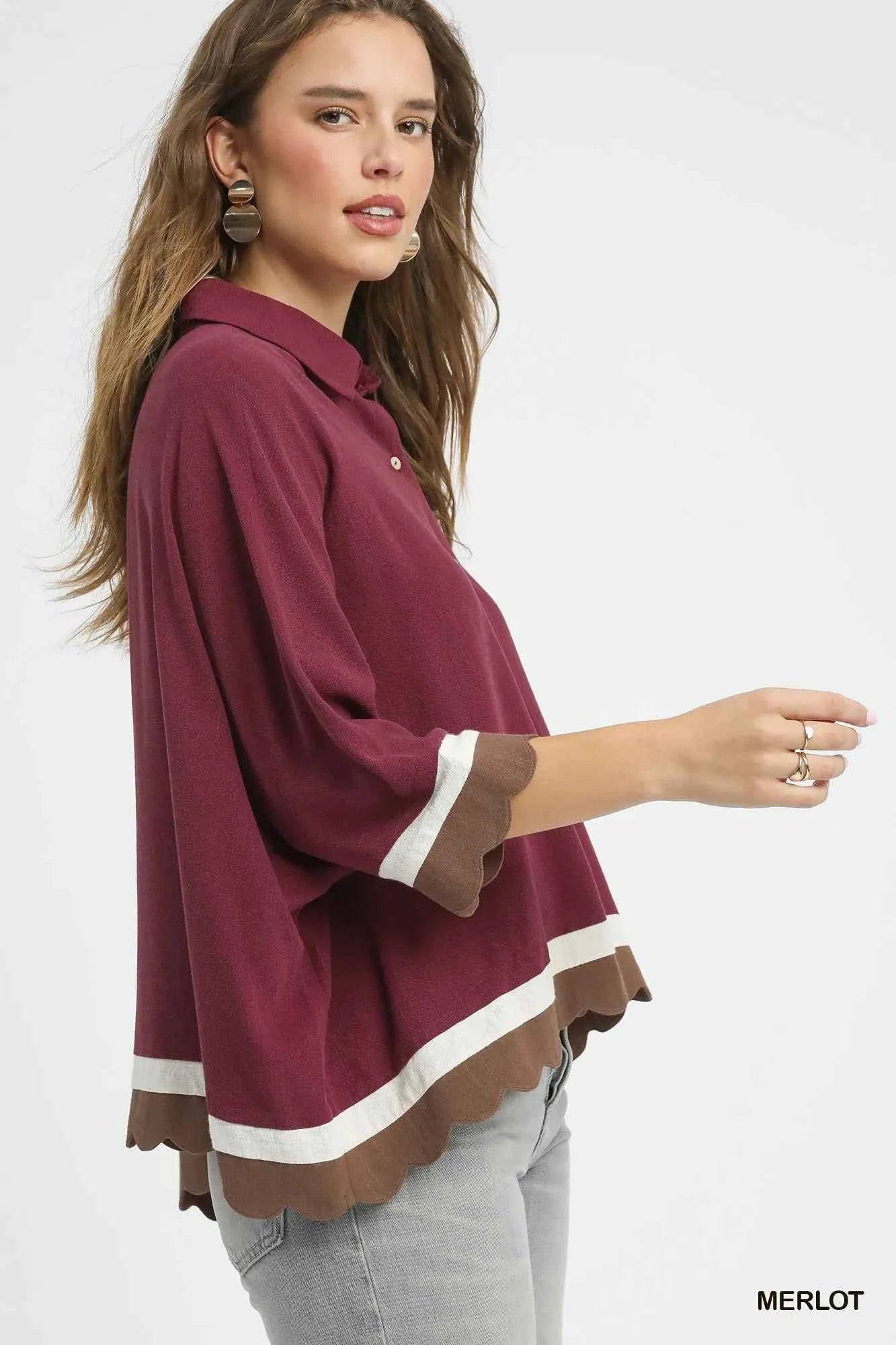 Umgee Colorblock Button-Down Shirt with Scallop Hem 86bcf79f-aa84-4438-b1ec-c6221e37d6a9-Max-Origin