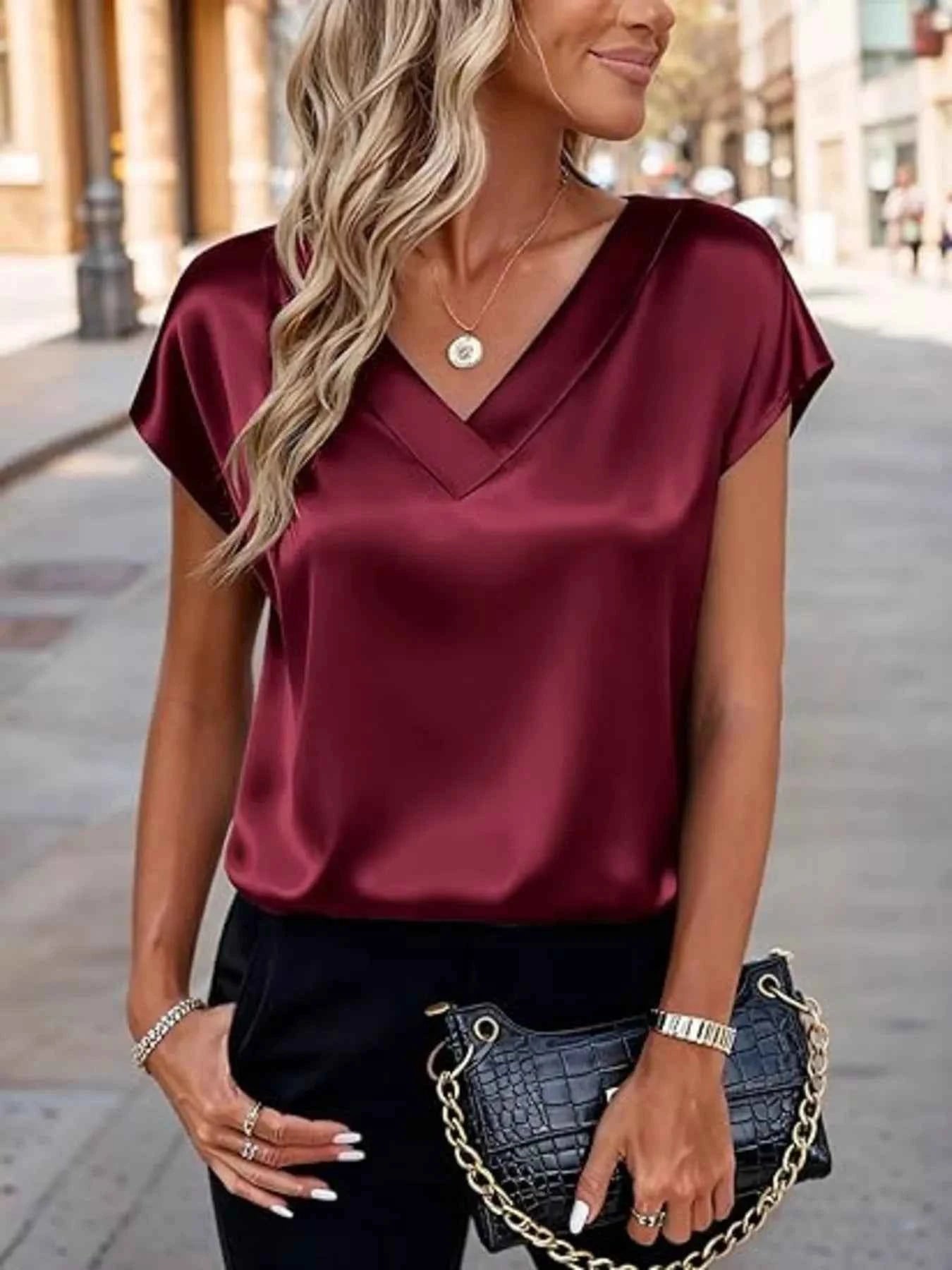 Satin V-Neck Short Sleeve Blouse 86bfd77e6fac47afbb18894fa5d24b77-Max-Origin