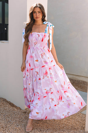 Pink Floral Print Knotted Shoulder Smocked Maxi Dress Pink 100%Polyester 86c30c0b71ab7e22
