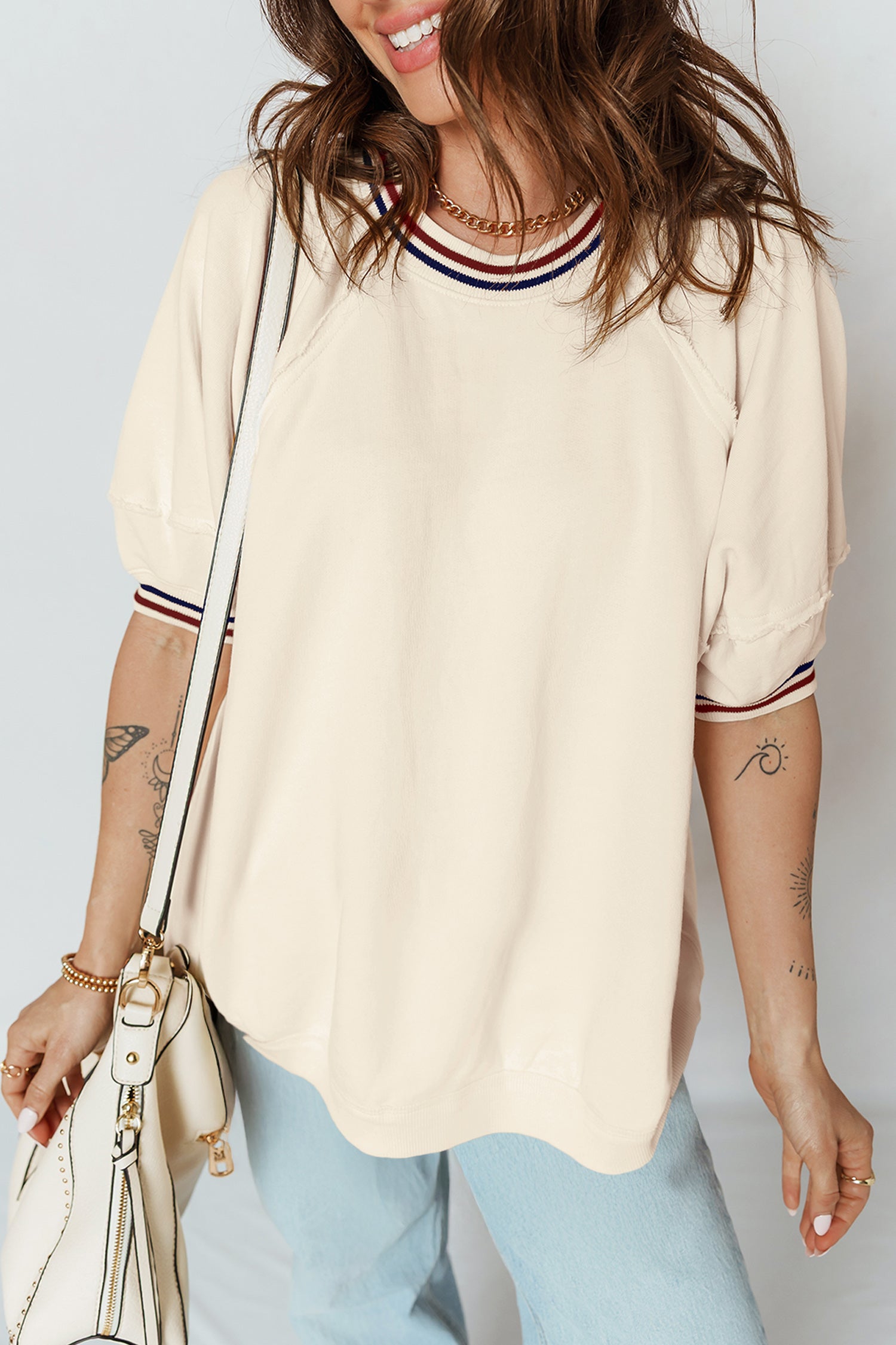 Beige Contrast Varsity Striped Neckline Cuffed Short Sleeve Loose Tunic Top Beige 80%Polyester+20%Cotton 86c3ab389739fbba