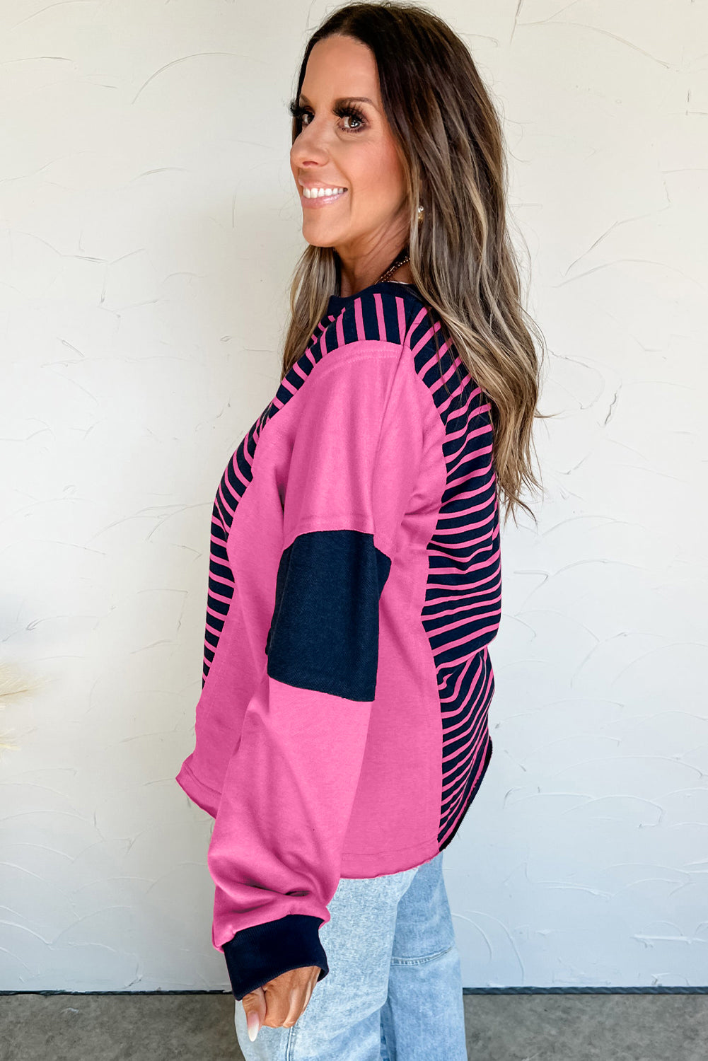 Pink Stripe Color Block V Neck Loose Fit Long Sleeve Top 86ccd3bce5f91412
