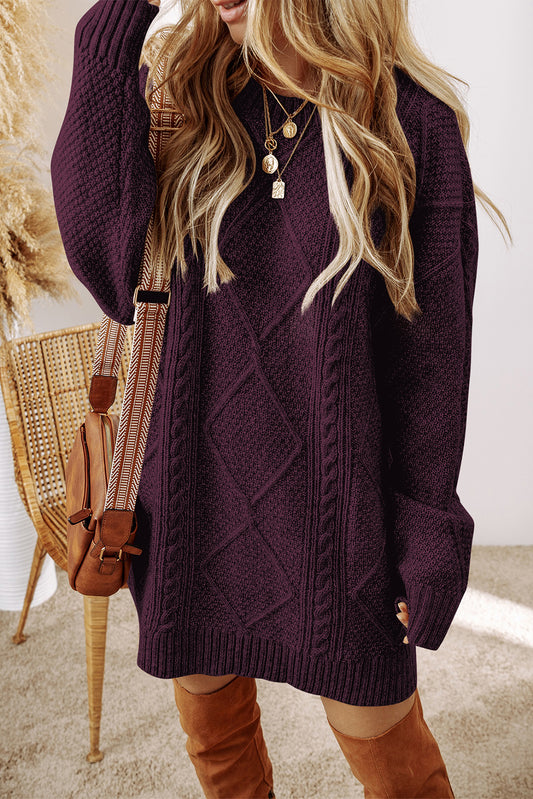 Burgundy Cable Knit Drop Shoulder Loose Fit Sweater Dress Burgundy 100%Polyester 86ce1473fdae5cf6