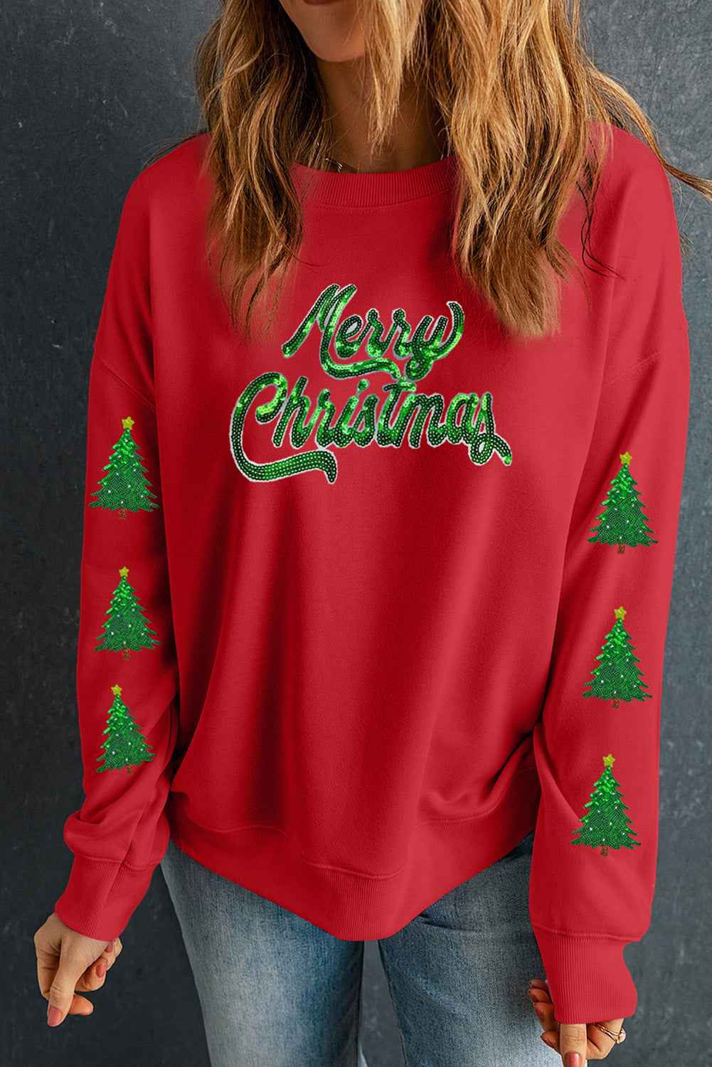 Red Shimmering Merry Christmas Tree Patched Pattern Festive Sweatshirt 86cf67f4740016d7