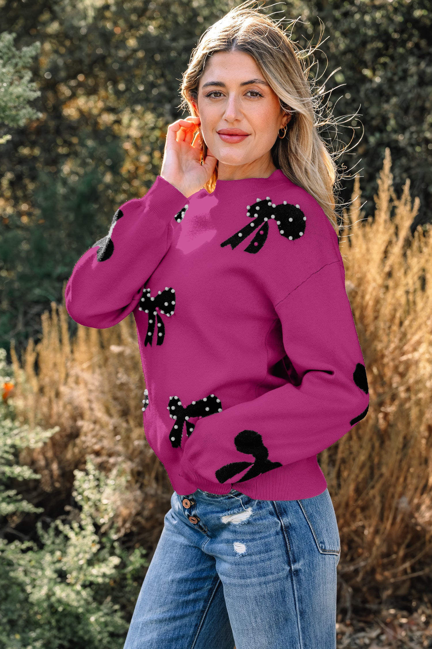 Bright Pink Pearl Embellished Bow Pattern Loose Sweater 86d44f68bff1ad73