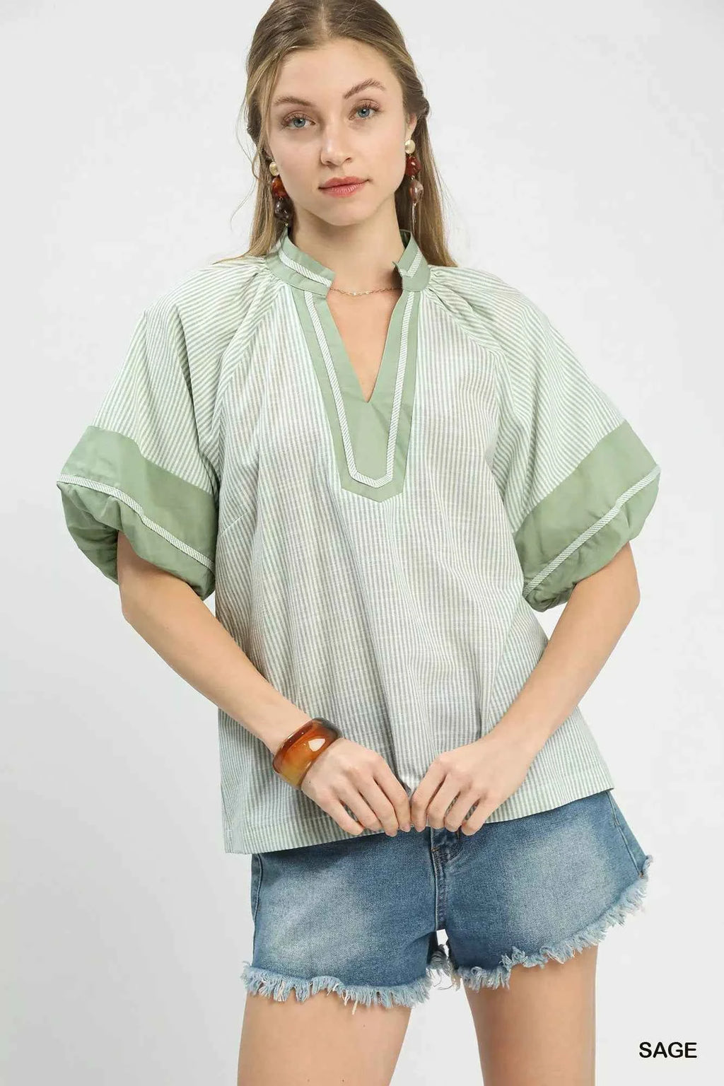 Umgee Striped Mixed Puff Sleeve Blouse SAGE 86d52380-af7a-4061-8af2-004fe21f117c-Max-Origin