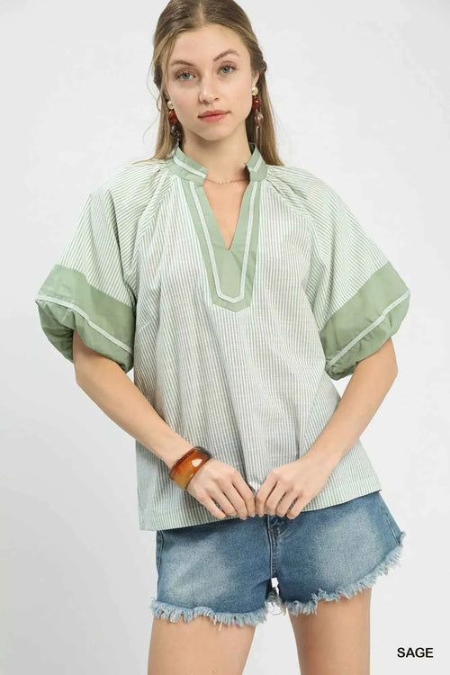 Umgee Striped Mixed Puff Sleeve Blouse SAGE 86d52380-af7a-4061-8af2-004fe21f117c-Max-Origin