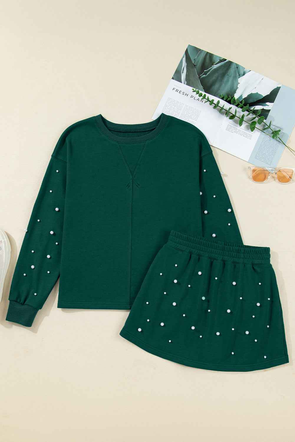 Dark Green Pearl Embellished Drop Shoulder Pullover Elastic Waist Mini Skirt Set 86d7296c9858532b