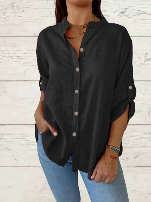 Full Size Casual Button-Down Roll-Up Sleeve Shirt Plus Size Black 86d9fe59cffa485ca985feda7f01ac20-Max-Origin