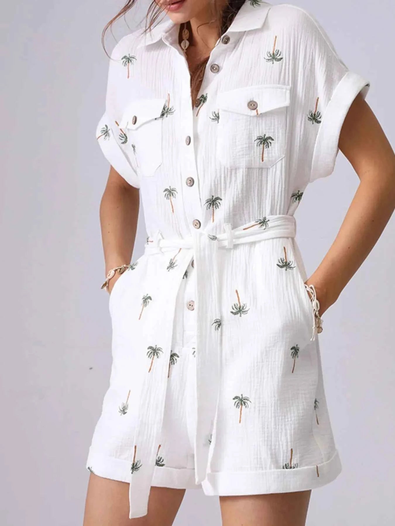 Palm Tree Print Short Sleeve Button-Up Romper with Belt 86db230a-c2b5-4385-919c-5a33f5c43309-Max-Origin