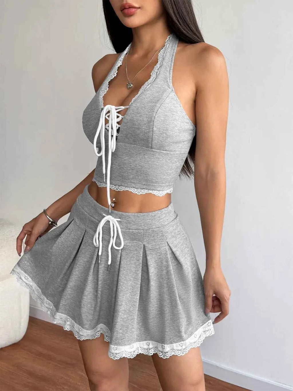Lace Up Halter Neck Top and Skirt Set 86dc70e7-7a60-41fa-923b-08fa13a85a53-Max-Origin