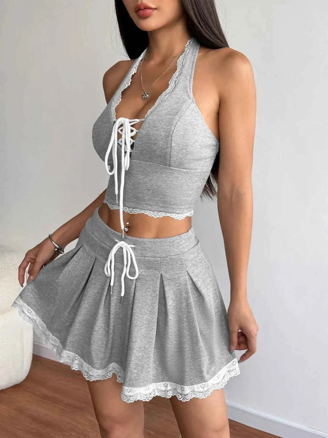 Lace Up Halter Neck Top and Skirt Set 86dc70e7-7a60-41fa-923b-08fa13a85a53-Max-Origin