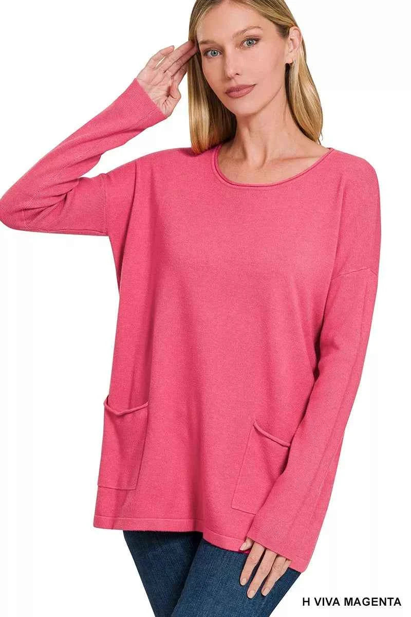 Zenana Viscose Long Sleeve Front Pockets Sweater
