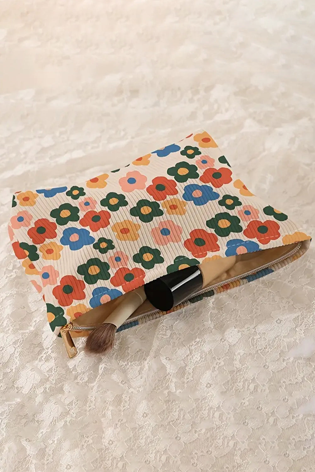 Red Colorful Flower Printed Rib Textured Cosmetic Bag 86dcf8759514bdd8