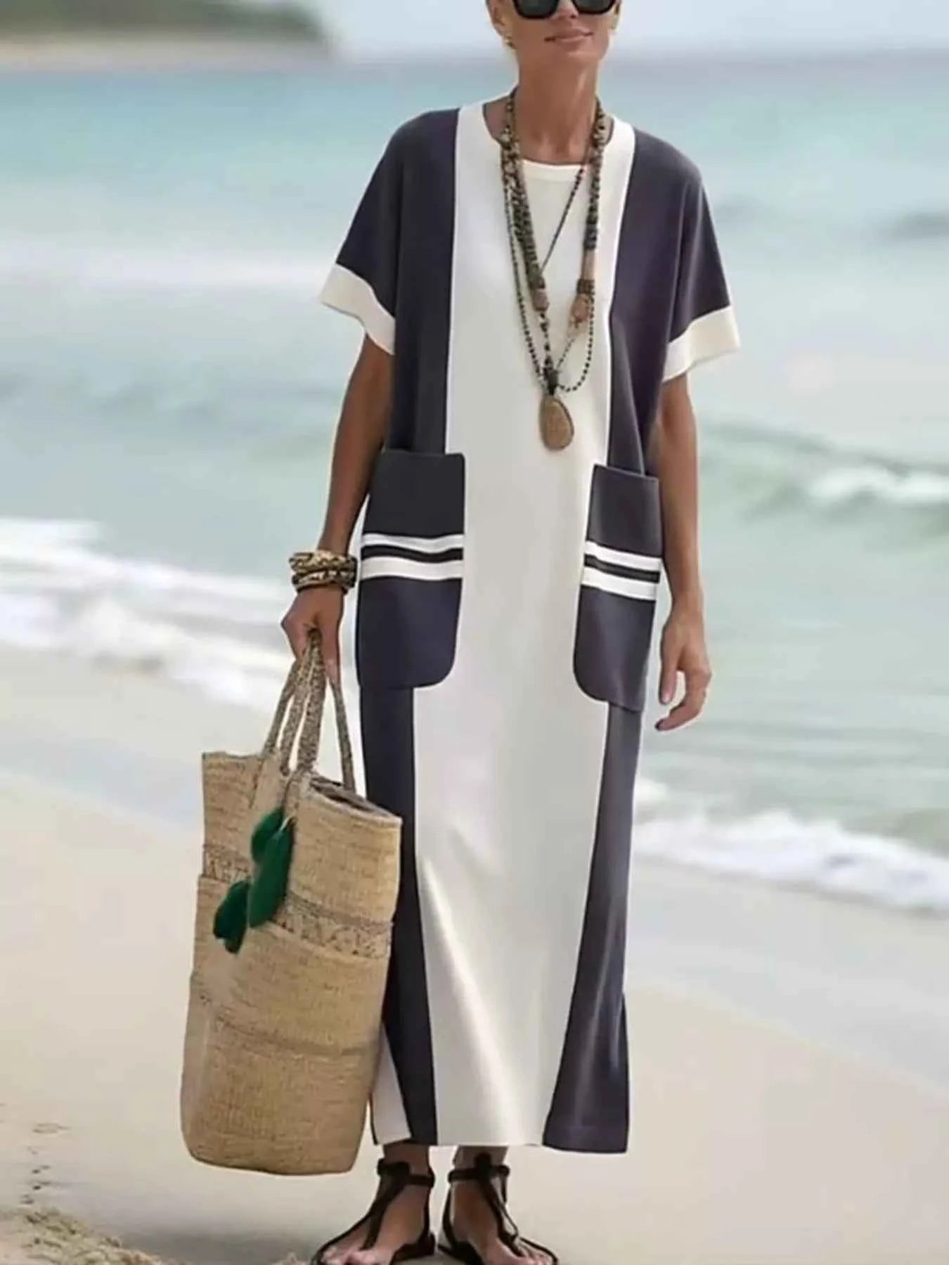 Full Size Color Block Short Sleeve Dress with Pockets Plus Size White 86e38ce5ba00488fb5a3ee84b5656883-Max-Origin
