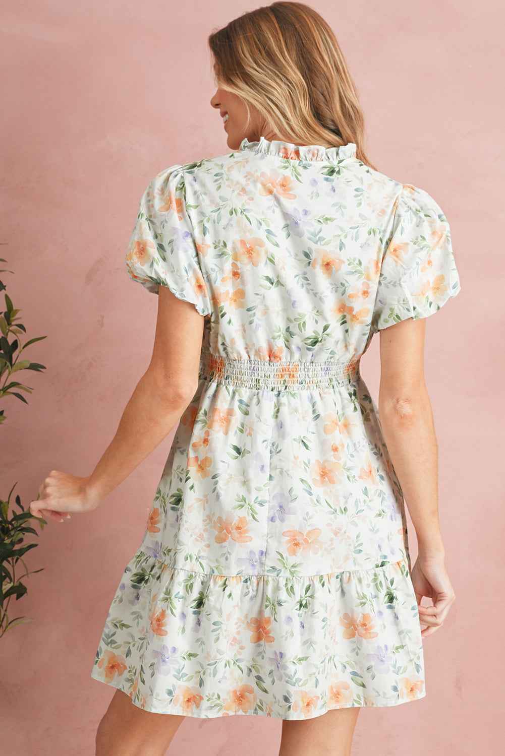 Beige Floral Print Smocked High Waist Puff Sleeve Mini Dress 86e6f92d11d0361b