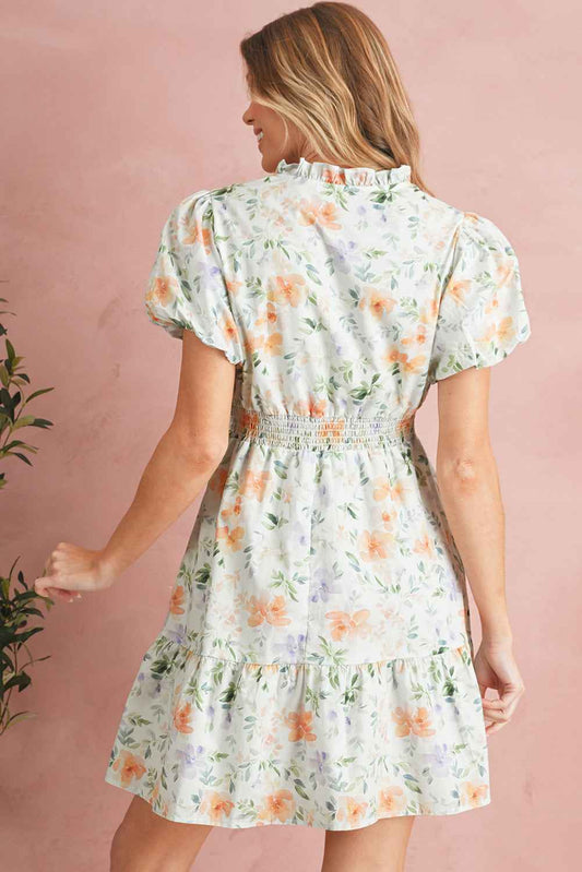 Beige Floral Print Smocked High Waist Puff Sleeve Mini Dress 86e6f92d11d0361b