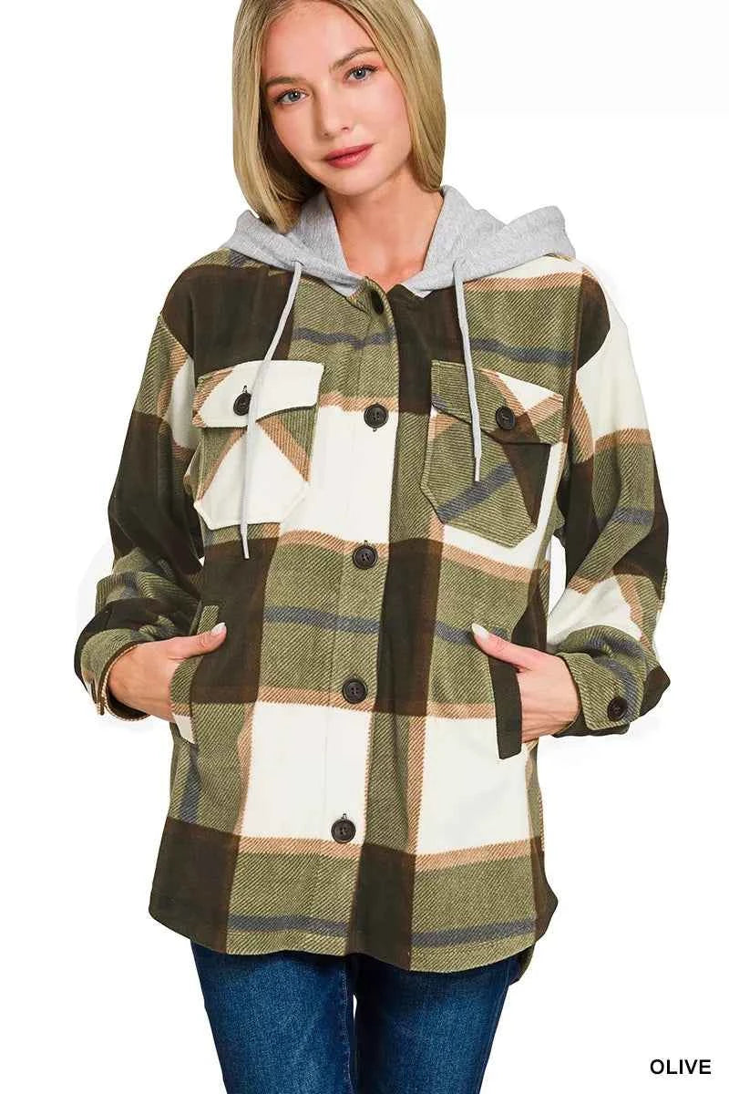 Zenana Plaid Drawstring Hooded Fleece Shacket OLIVE 86e9cae8625649a89db30d2613ace617-Max-Origin