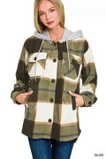 Zenana Plaid Drawstring Hooded Fleece Shacket OLIVE 86e9cae8625649a89db30d2613ace617-Max-Origin