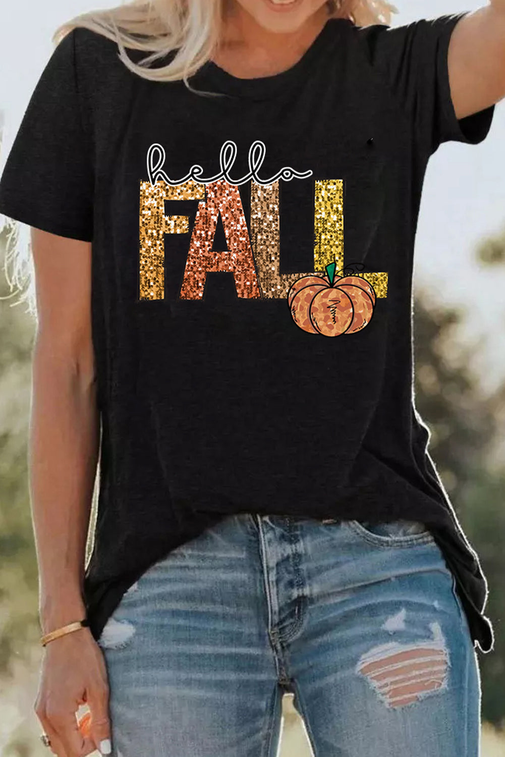 Black Hello Fall Letter Pumpkin Heat Transfer Printing T Shirt 86ea2aaa44c9d1e1
