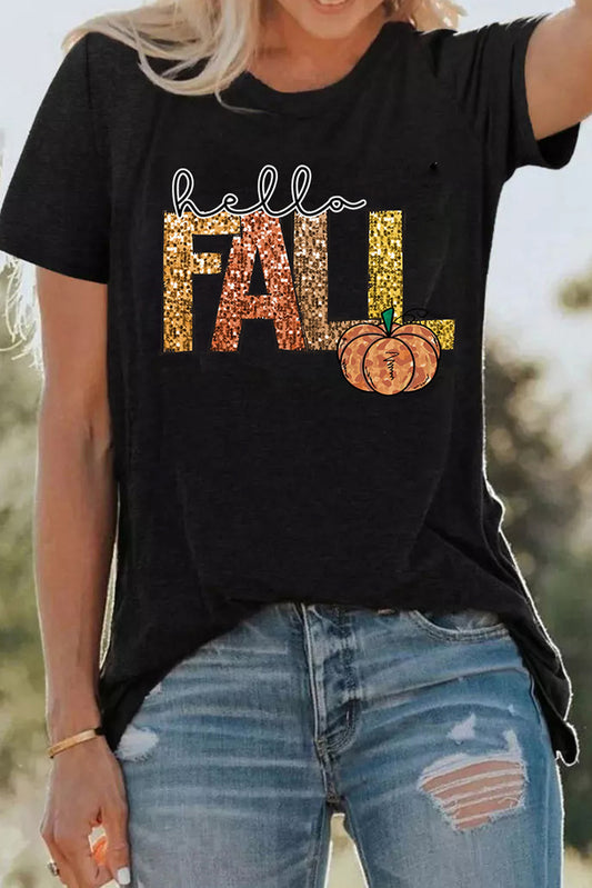 Black Hello Fall Letter Pumpkin Heat Transfer Printing T Shirt 86ea2aaa44c9d1e1