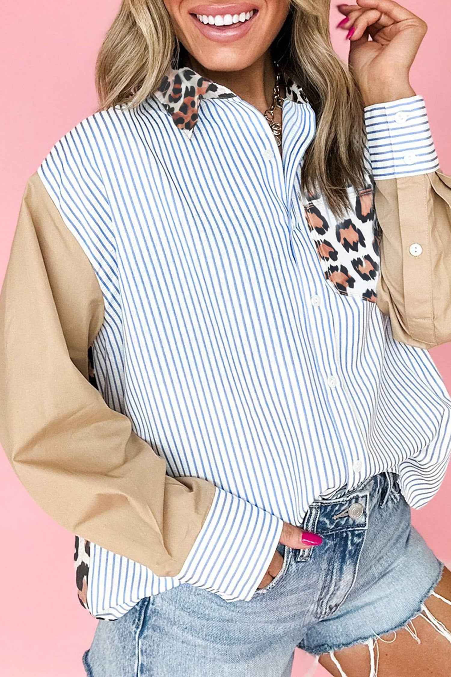 Sky Blue Stripe Colorblock Leopard Patchwork Chest Pocket Cuffed Sleeve Shirt Sky Blue Stripe 59%Polyester+41%Cotton 86f130f7b1a7b289