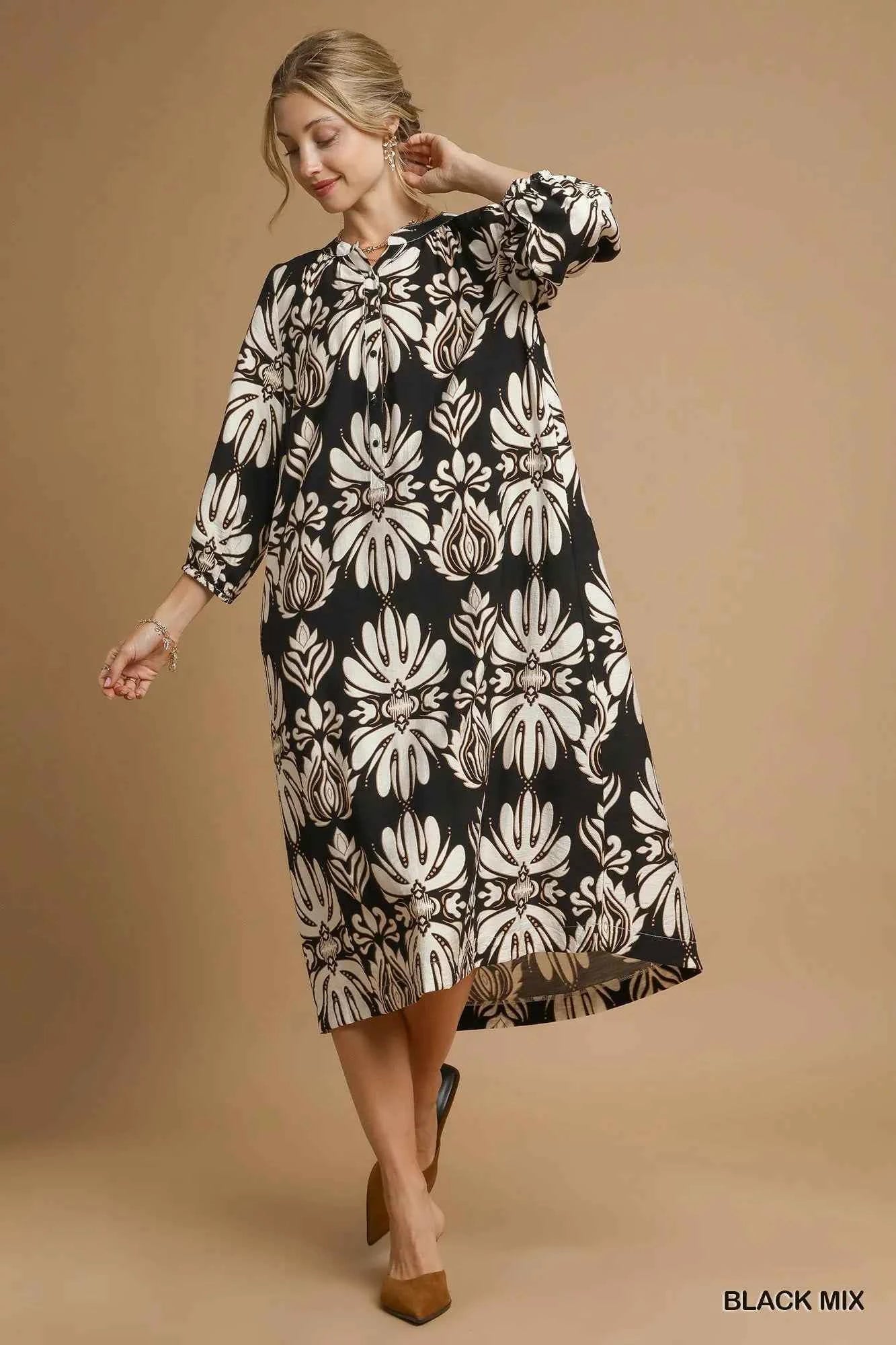 Umgee Mix Abstract Floral Print Midi Dress