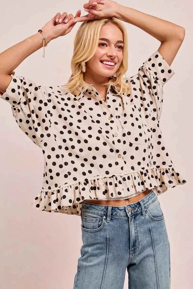 Polka Dot Printed Peplum Top with Front Button 86f517acb880440586a323074b74fbd6-Max-Origin