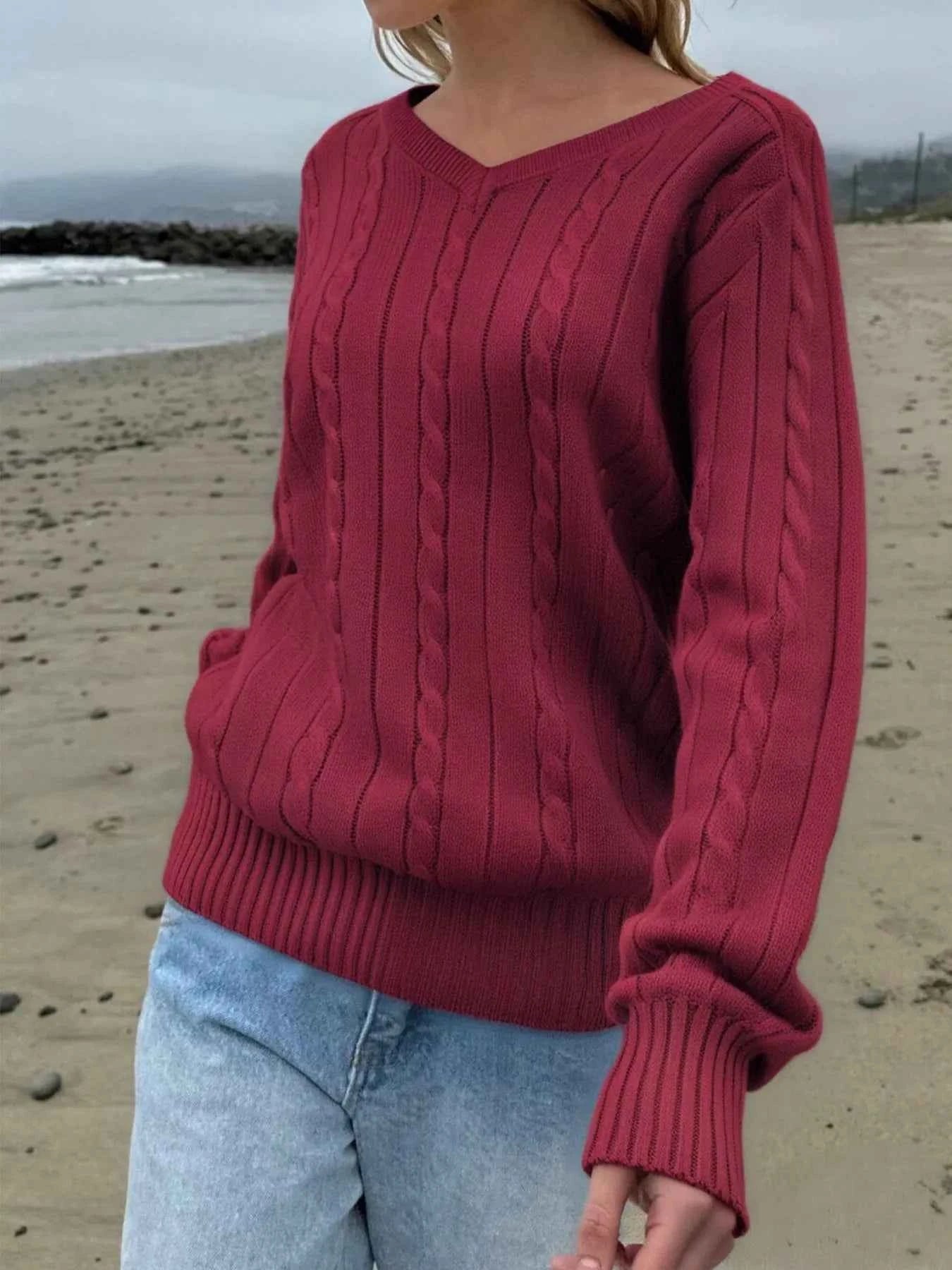 Cable Knit V-Neck Pullover Sweater