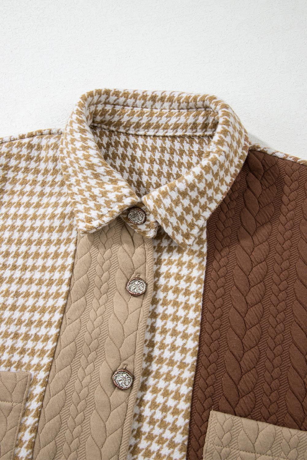 Khaki Houndstooth Textured Patchwork Loose Shacket 86f6b30d1d3cf498