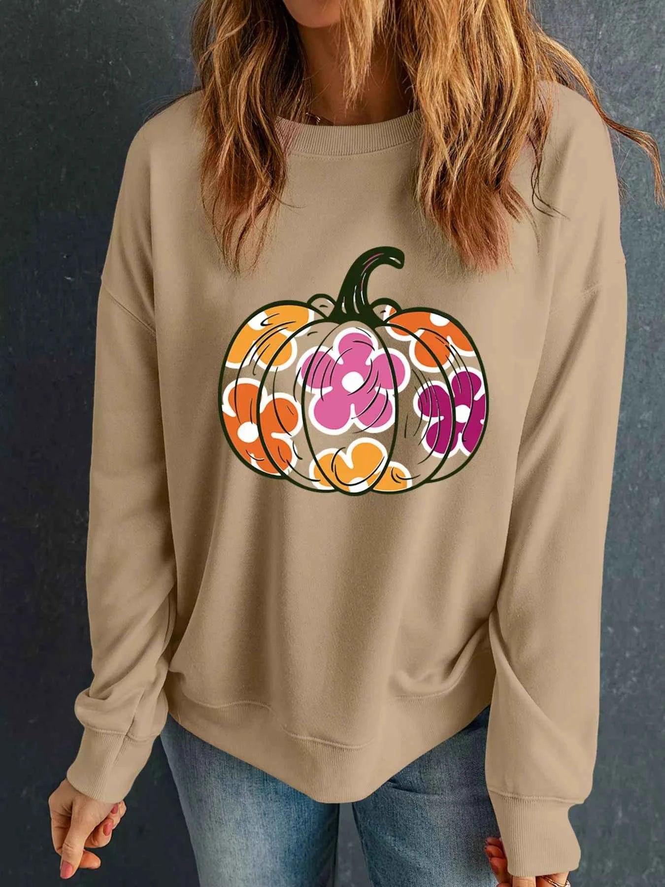 Halloween Floral Pumpkin Graphic Drop Shoulder Sweatshirt 86fd89c917d54efe81a6dd9a0743c703-Max-Origin