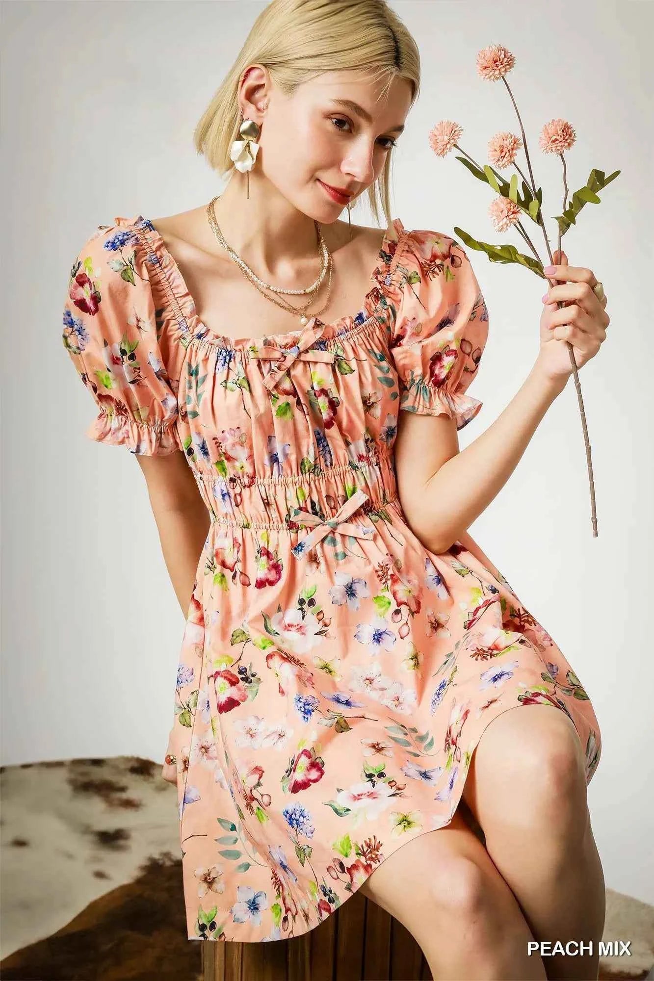 Umgee Floral Print Puff Sleeve Mini Dress PEACH MIX 86ff49c9-c473-4479-9632-242020d14ba9-Max-Origin
