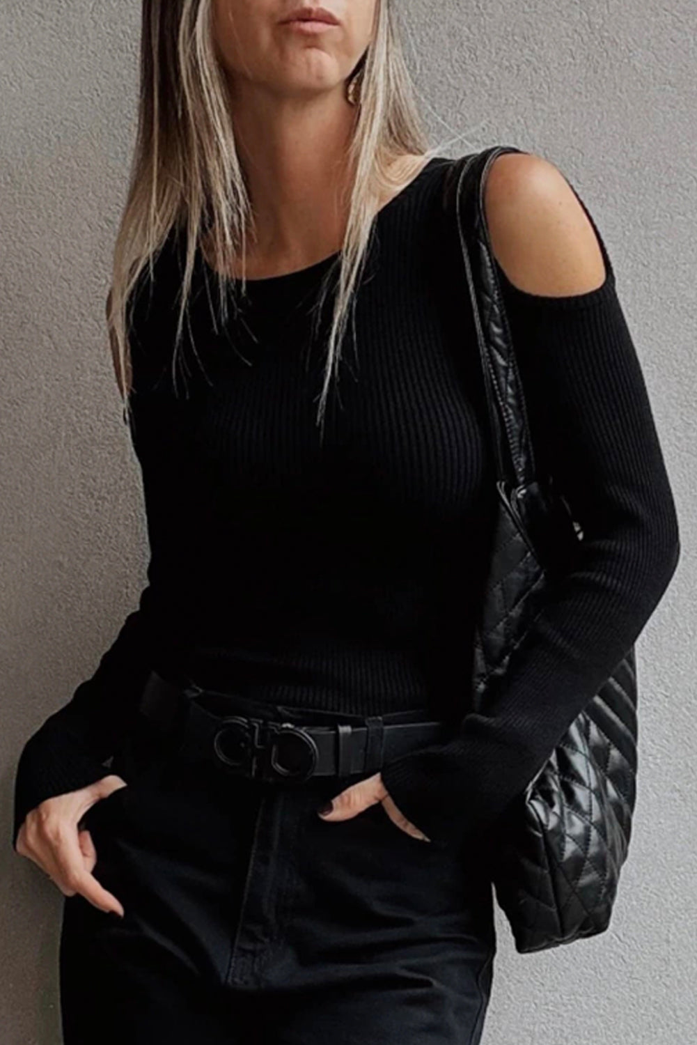 Black Ribbed Knit Cold Shoulder Plain Sweater 86ffb4362ea783d7