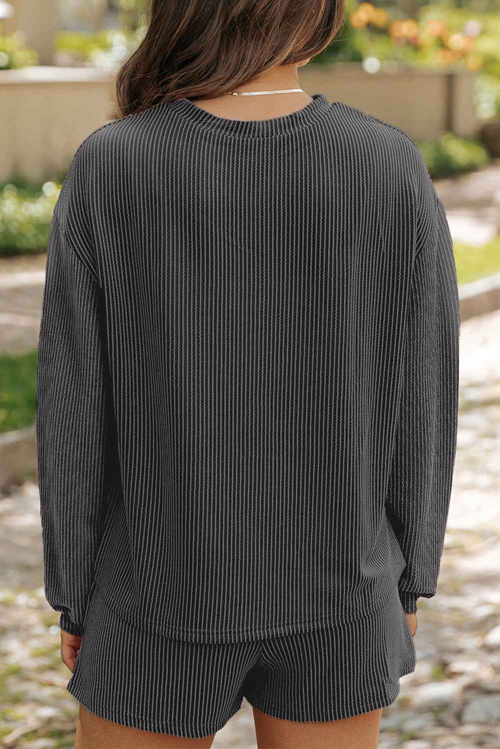 Carbon Grey Twisted Ribbed Merry & Bright Sequin Graphic Long Sleeve Top 2pcs Short Set 87010927a9288cc9