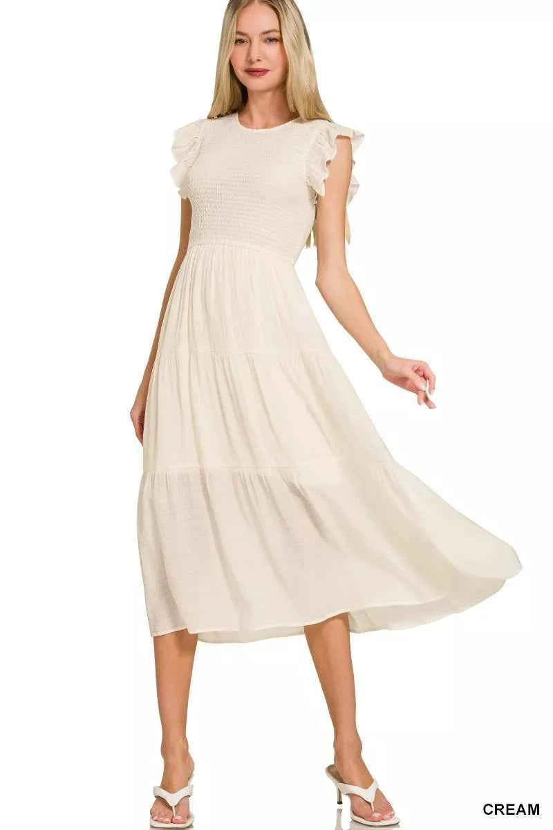 Zenana Woven Smocked Ruffle Sleeve Midi Dress CREAM 87051b6655364510858ee991b1ad8384-Max-Origin