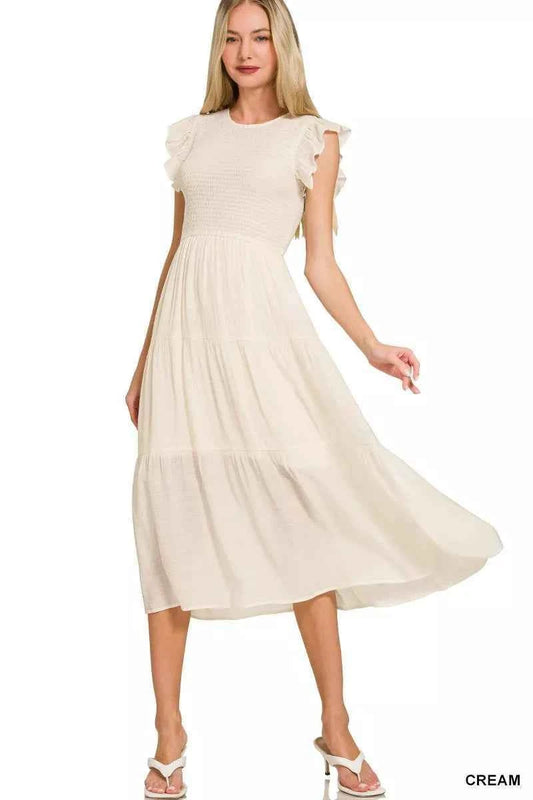 Zenana Woven Smocked Ruffle Sleeve Midi Dress CREAM 87051b6655364510858ee991b1ad8384-Max-Origin