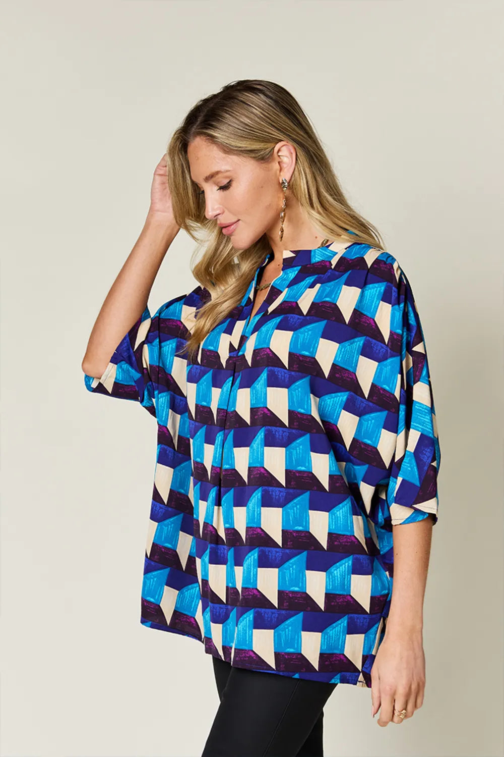 Double Take Full Size Geometric Notched Half Sleeve Blouse 870525f0-2ded-4196-b19d-1607fe5e177a-Max