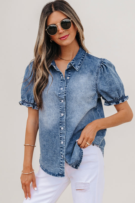 Beau Blue Frilled Short Sleeve Snap Button Denim Shirt 87057aa56c324346