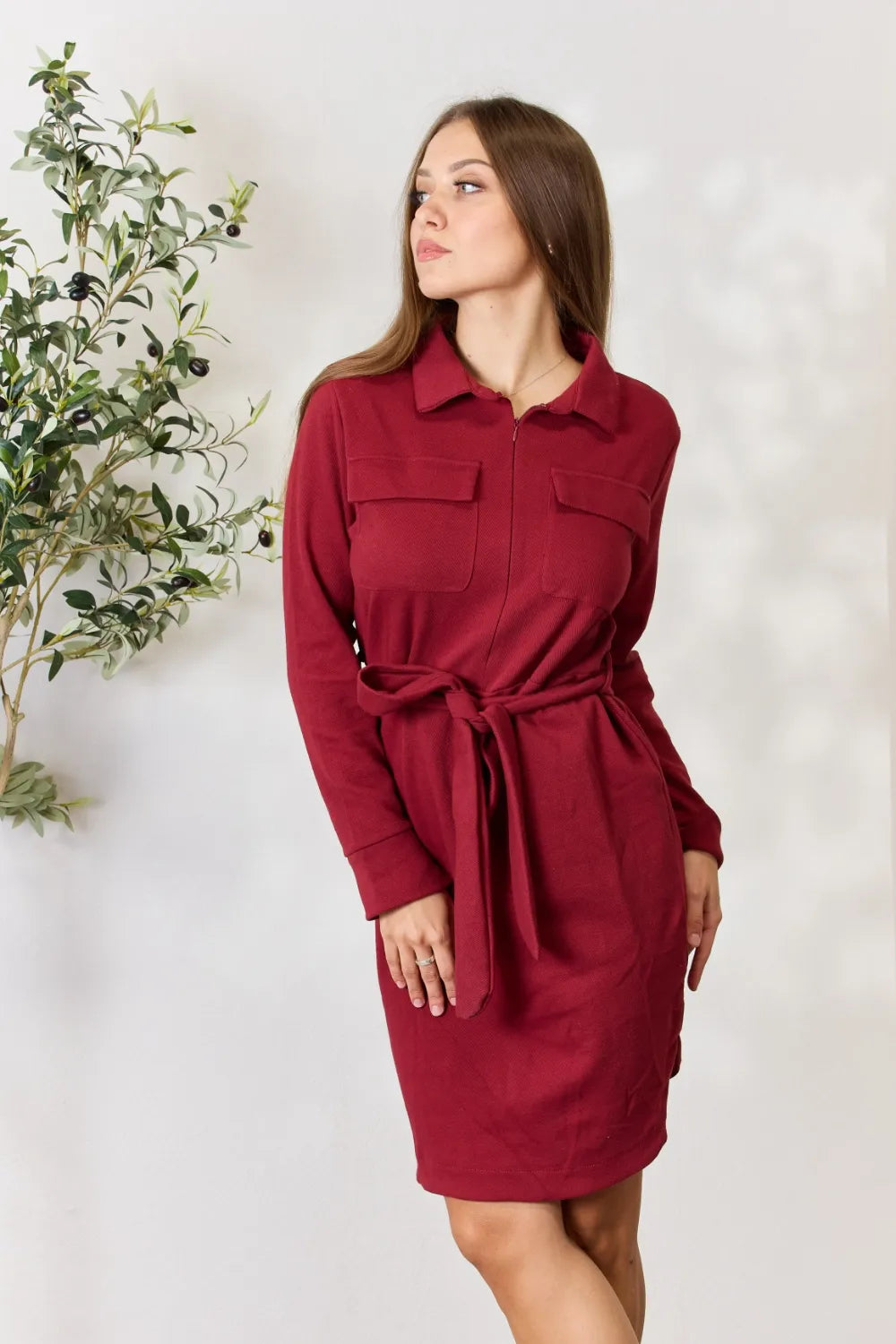 Culture Code Full Size Tie Front Half Zip Long Sleeve Shirt Dress 87078f17ac244e5f8dd2177023ac1afb-Max