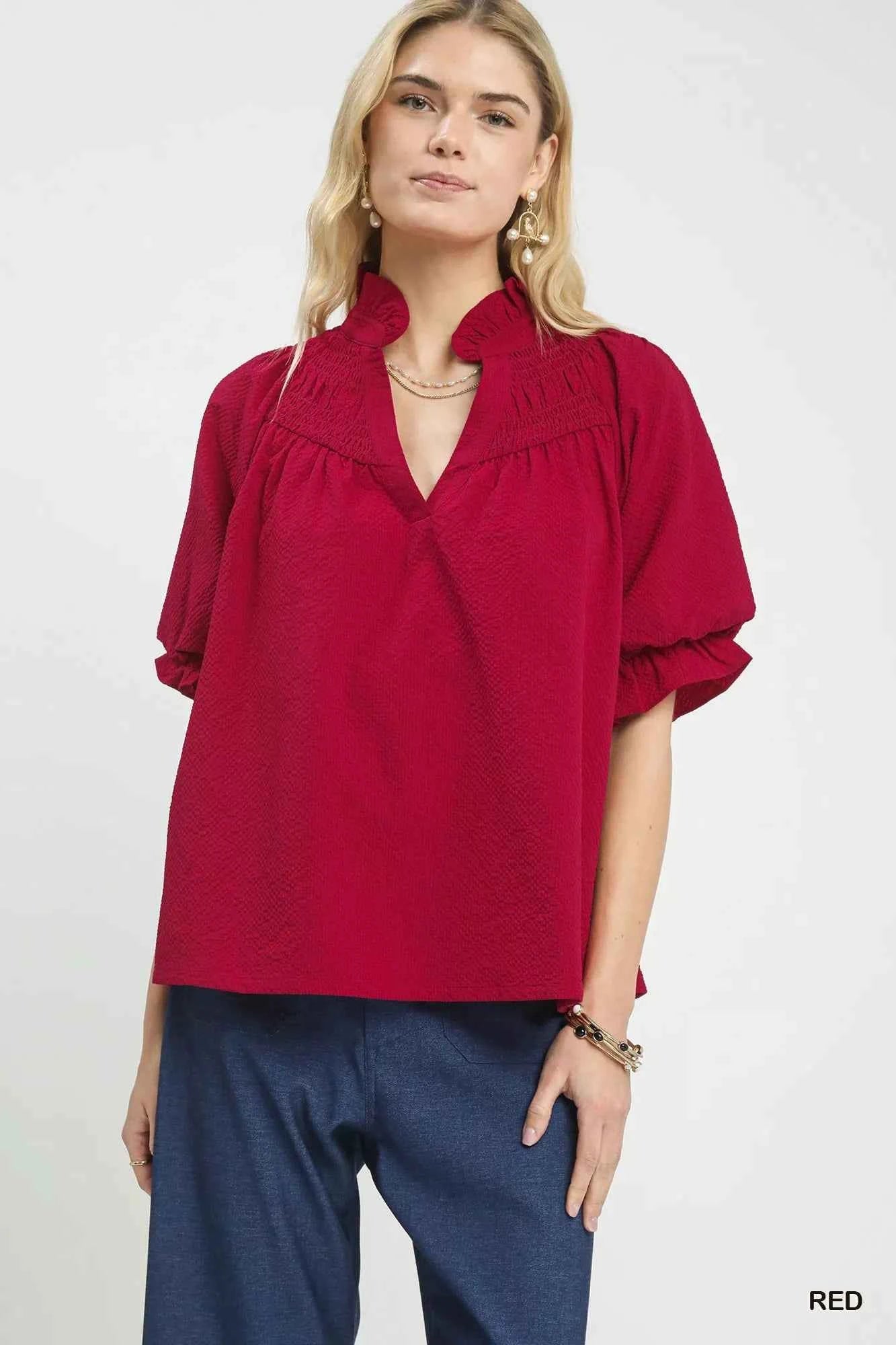 Umgee Textured Smocked Yoke Split-Neck Top Red 8708200b-8868-476a-8efa-5be5052a5a61-Max-Origin