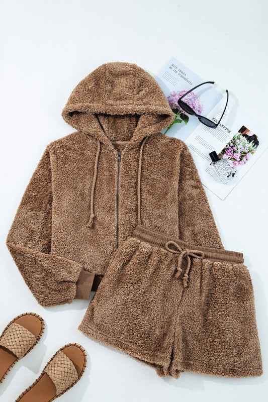 Sherpa Zip-Up Hoodie and Drawstring Shorts Set 870b7645-7cec-41cc-8249-3f878877c86b