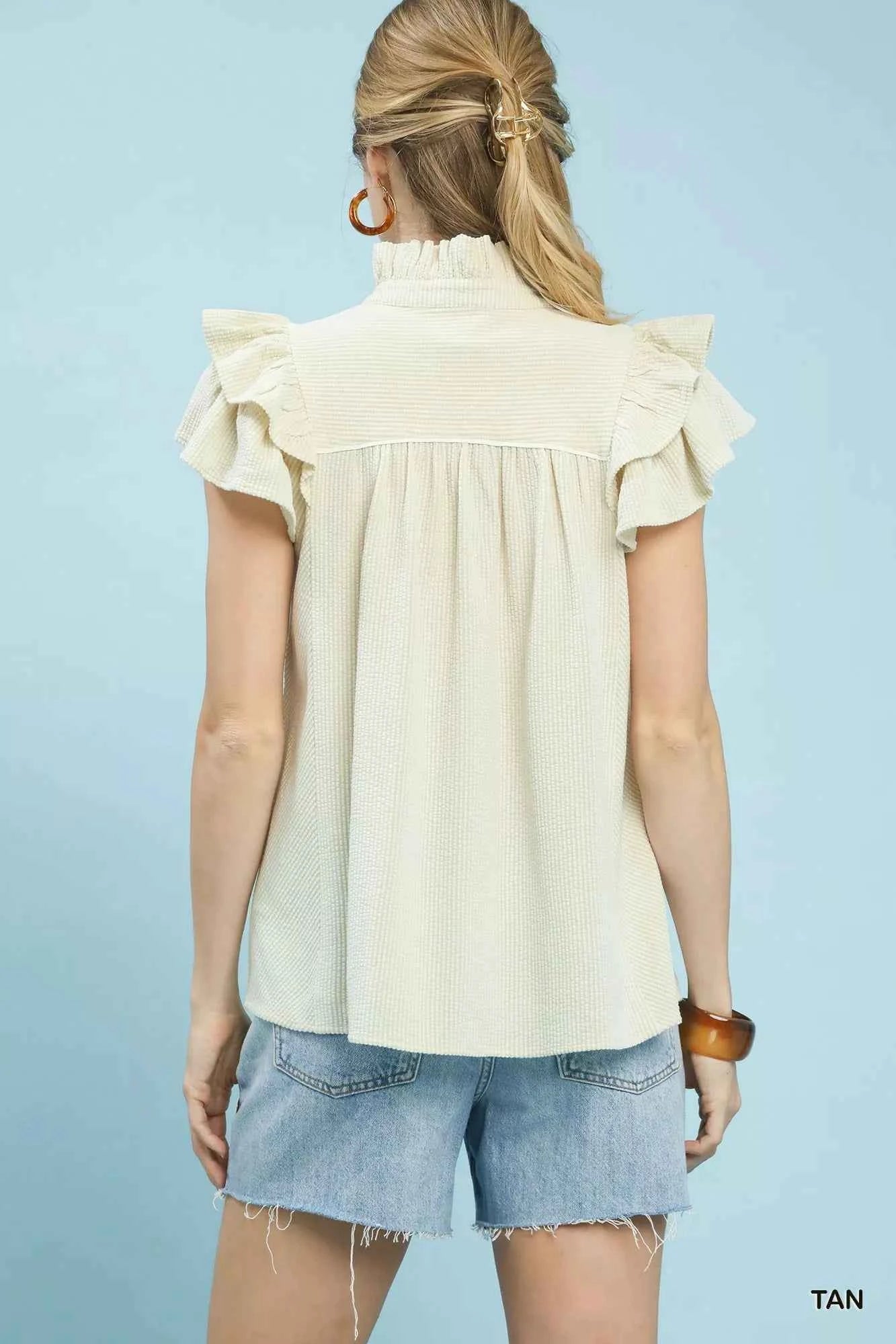 Umgee Ruffled Sleeve Textured Blouse 871b3a92-edd9-4844-9521-f62aa1a31fbf-Max-Origin