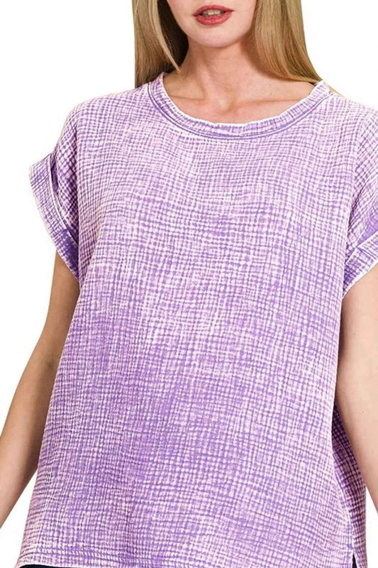Zenana Woven Double Gauze Acid Washed Short Sleeve Top 871b78ab-475c-4ce9-9b75-00779c2f31de-Max-Origin