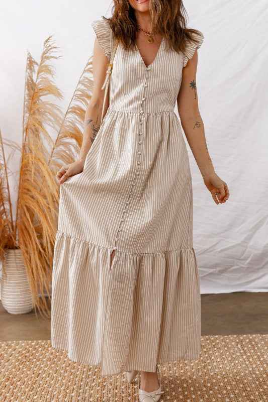 Stripe Flutter Sleeve Buttoned V-Neck Maxi Dress 871f5a7e-12da-4017-b3eb-e9cbaf28f7db