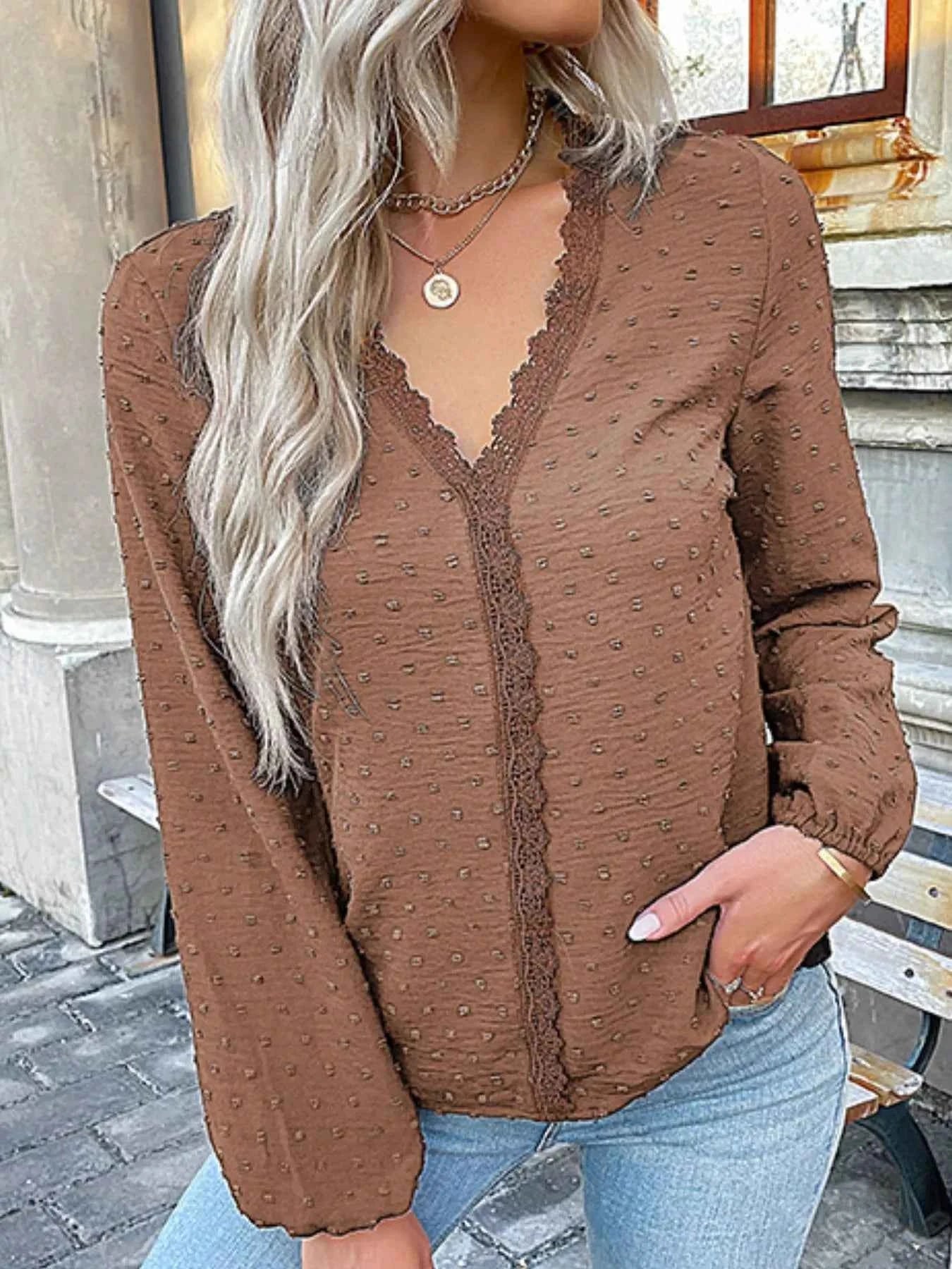 Lace Detail V-Neck Long Sleeve Blouse 8720e602-ba5a-42c2-b553-c7301622bd2a-Max-Origin