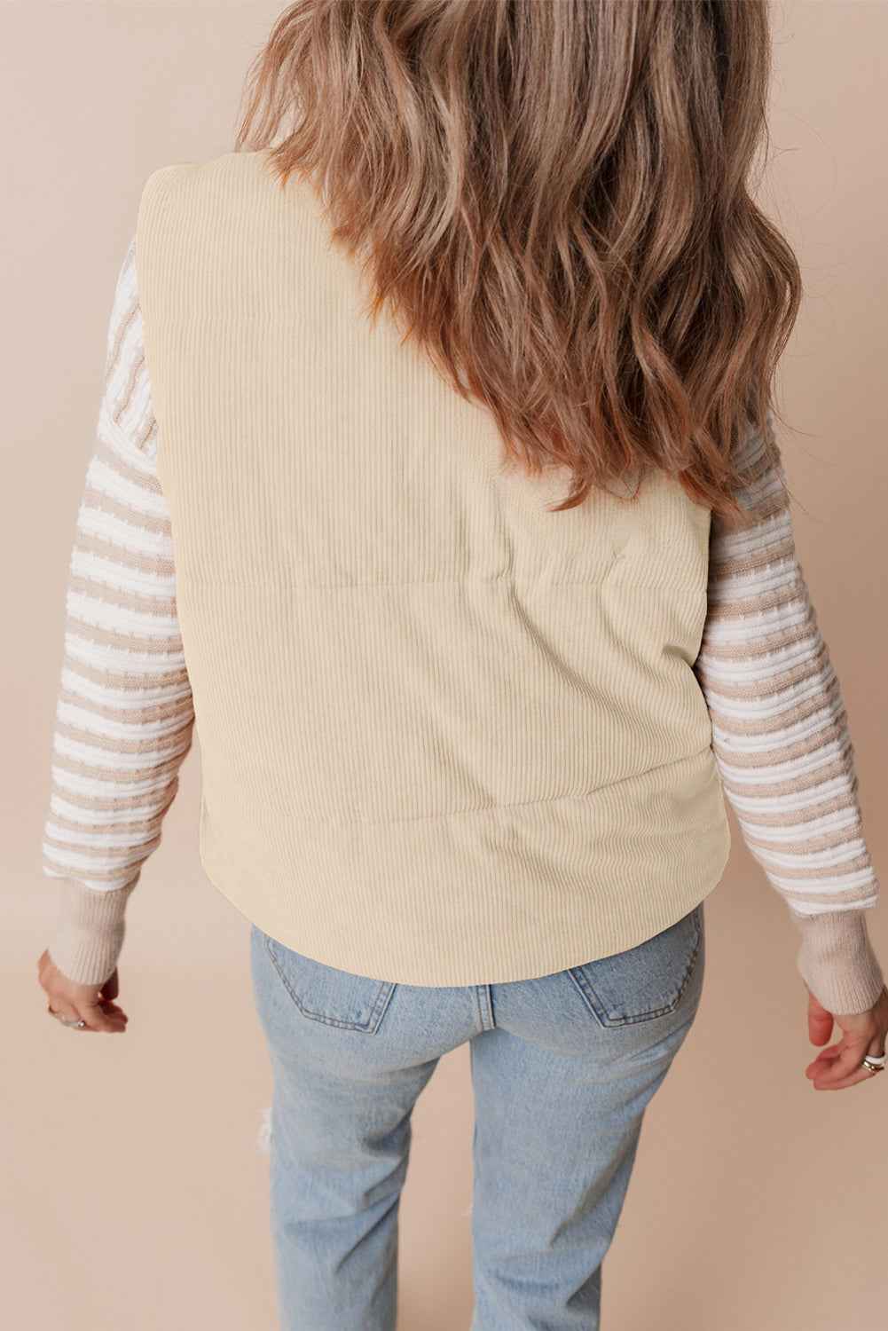 Coffee Solid Color Corduroy Puffer Vest Coat 87212ecc3c06881a