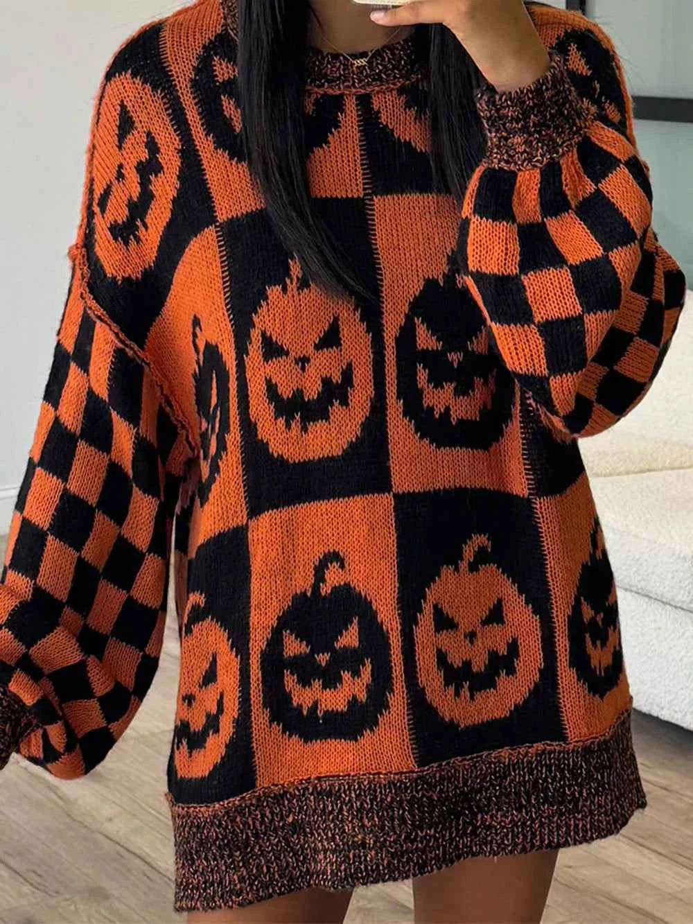 Exposed Seam Pumpkin Round Neck Long Sleeve Sweater Ochre 8723ac02-44c6-4d42-9282-f9b3734e6e37-Max
