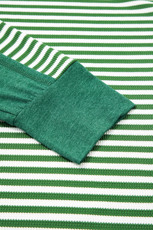 Green Stripe Exposed Seam Patchwork Plus Size Thermal Waffle Top 8724b6269805507e