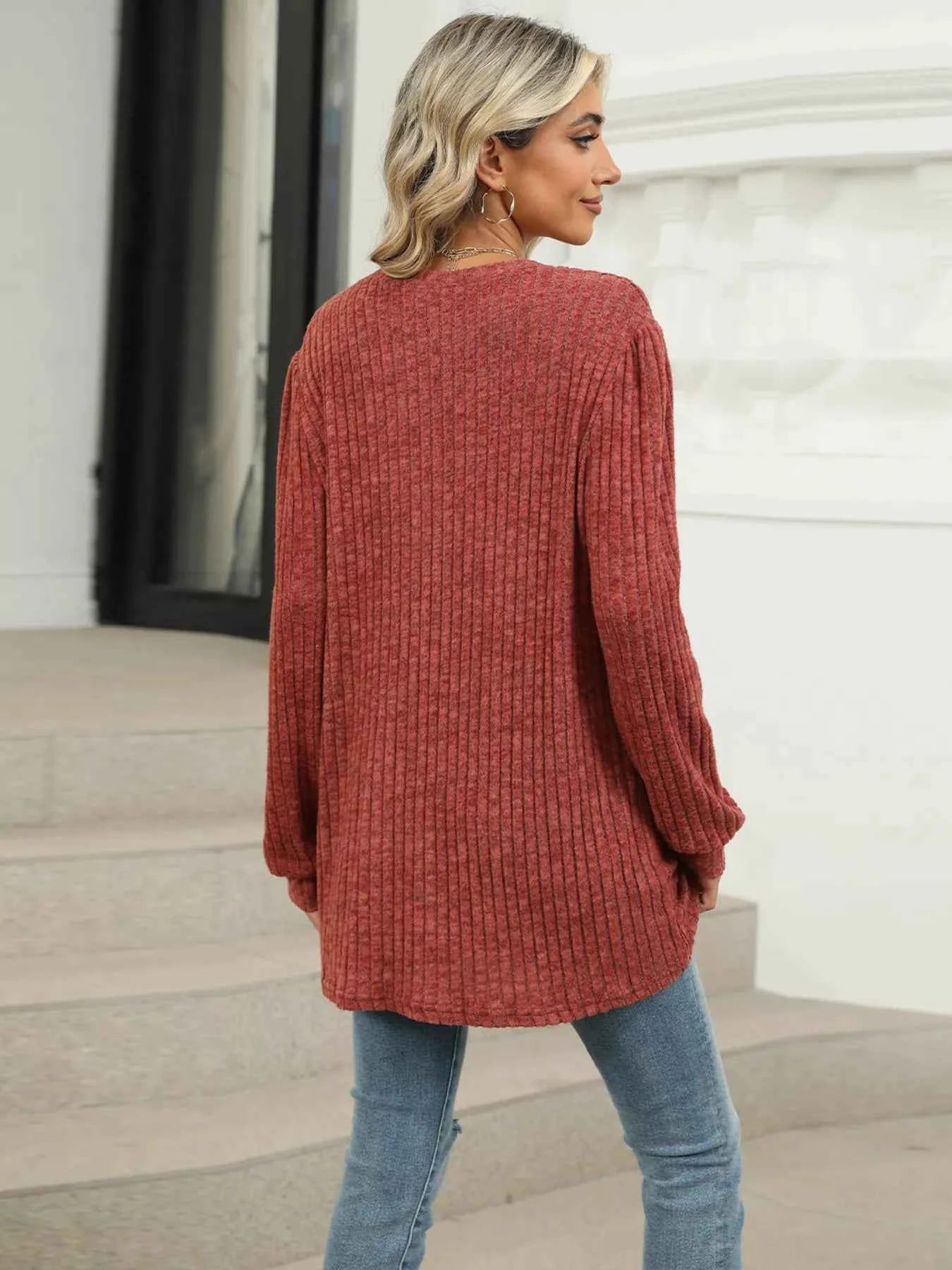 Ribbed Knit Long Sleeve T-Shirt 8724e8c52ccf4d2eaf7f074874f1802e-Max-Origin