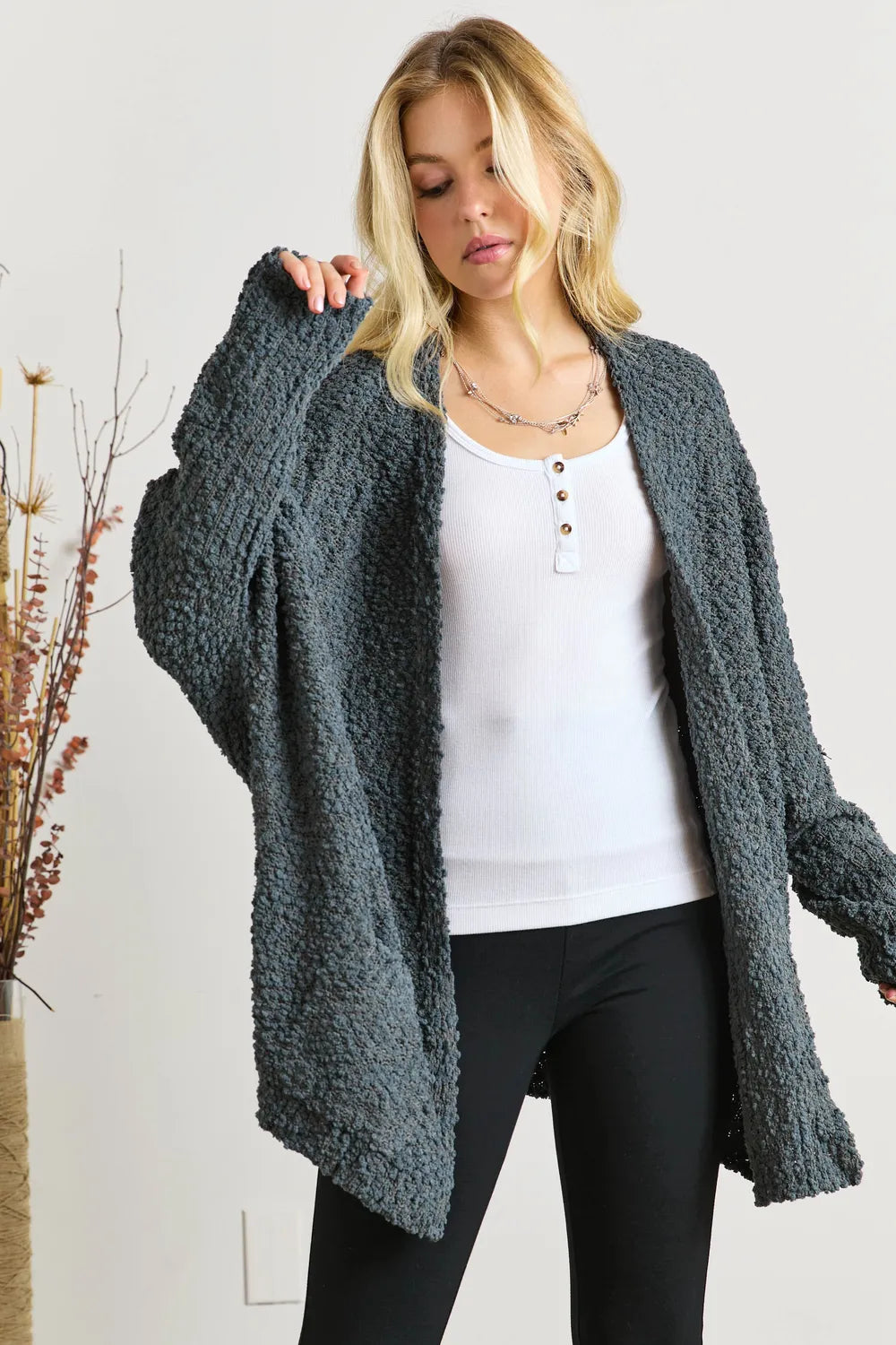 ADORA Popcorn Knit Open Front Long Sleeve Cardigan DARK OLIVE One Size 8726d6fe-9e48-4f1a-b3fe-9282e35d3367-Max